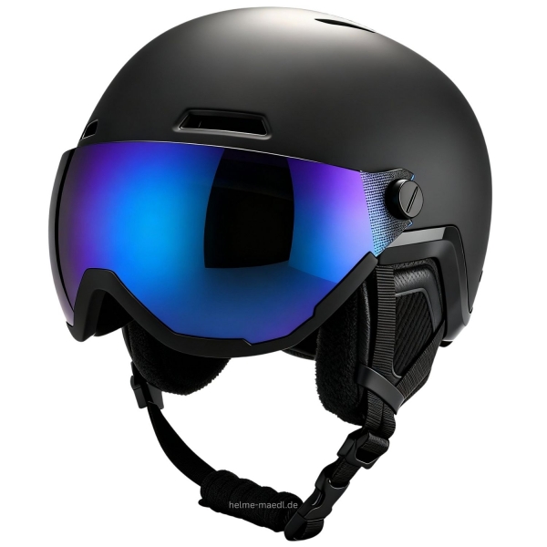 Schwarzer Slokker Rally Skihelm mit blau verspiegeltem Visier